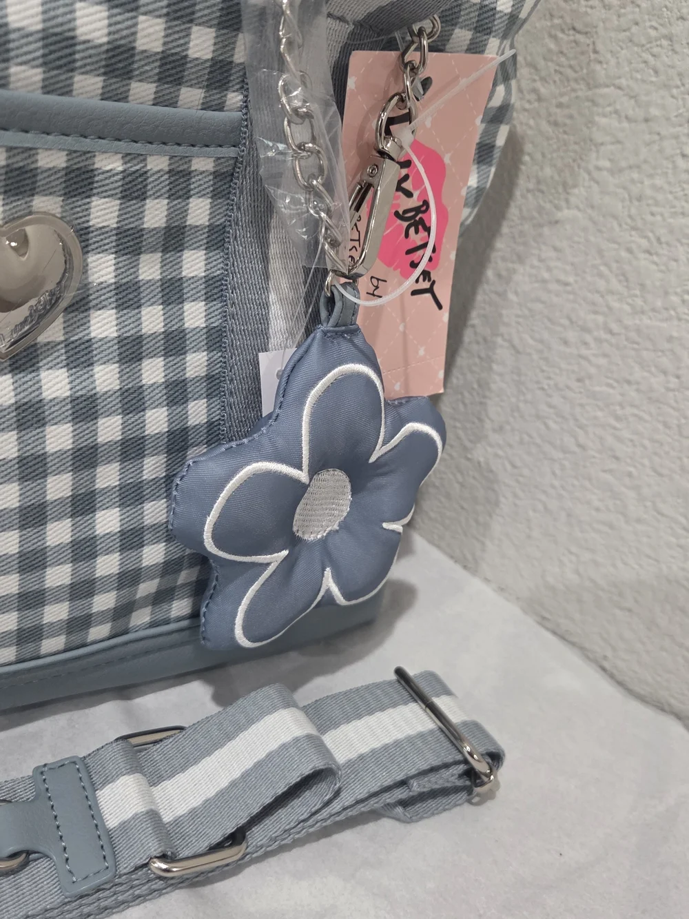 Betsey Johnson Light Blue Gingham Tote with Flower Charm